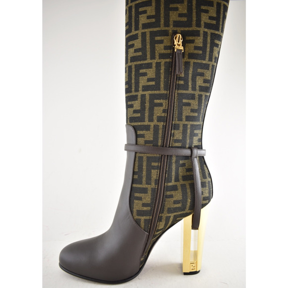 Fendi 105mm Traced Brown Leather Monogram FF Logo Motif Knee High Heel Boot 37 - Picture 13 of 16